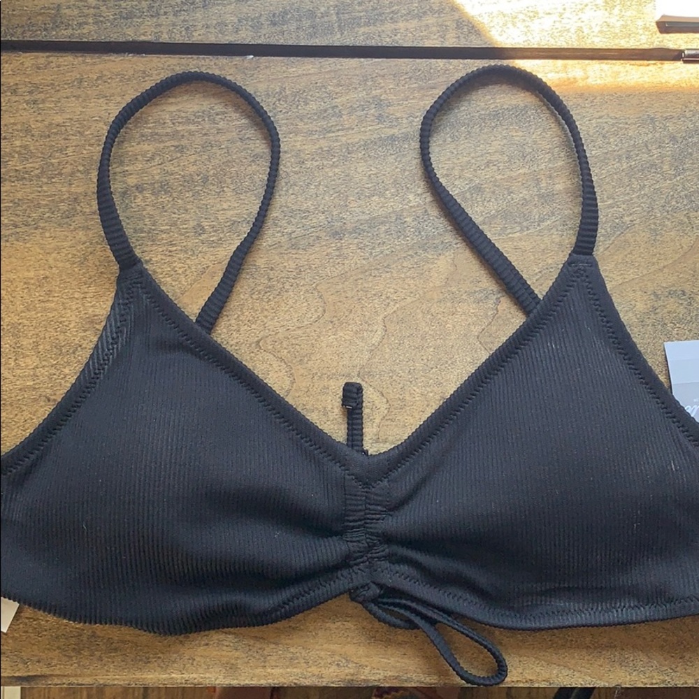 Aerie Black V Scoop Ruched Ribbed Bikini Top